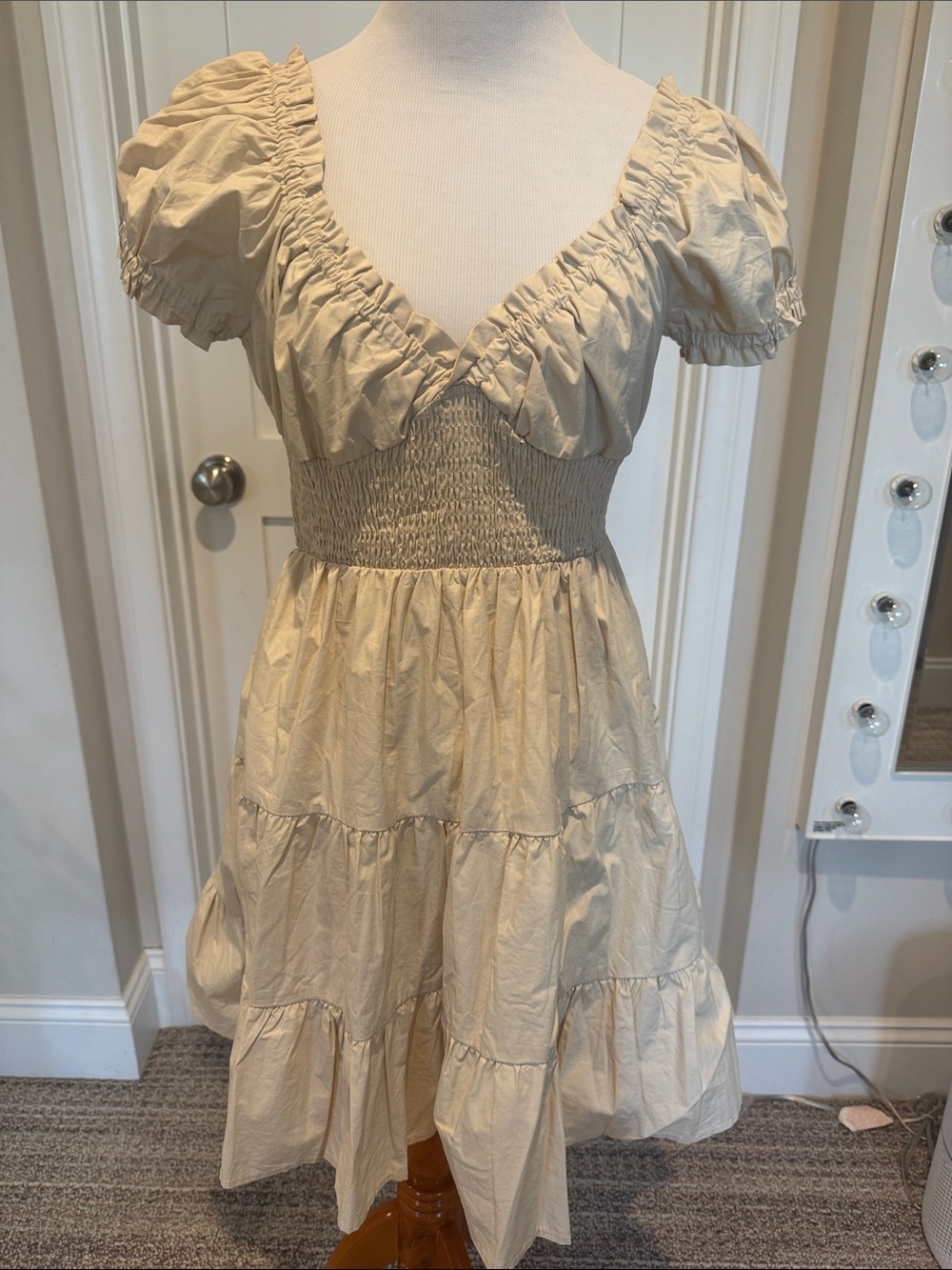 Princess Polly Cream Puff-Sleeve Smocked Mini Dress